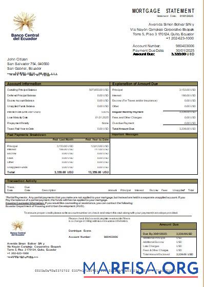 Blank Ecuador Central Bank of Ecuador bank mortgage statement scr download for verification